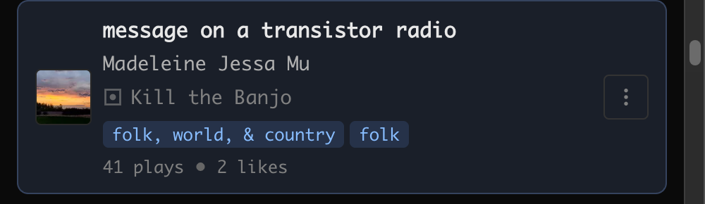 a track card showing title, artist, tags, and play count