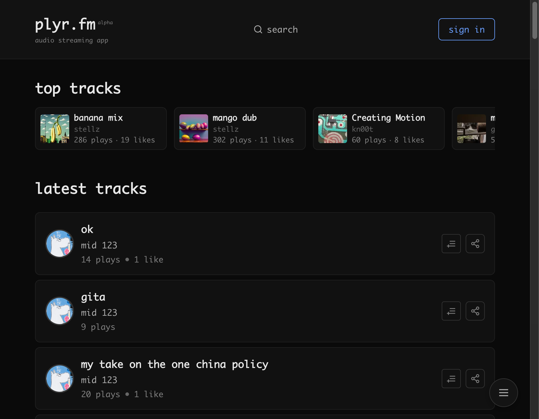 the feed shows top tracks and latest uploads