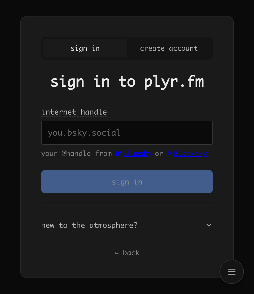 plyr.fm sign-in page — enter your handle to get started