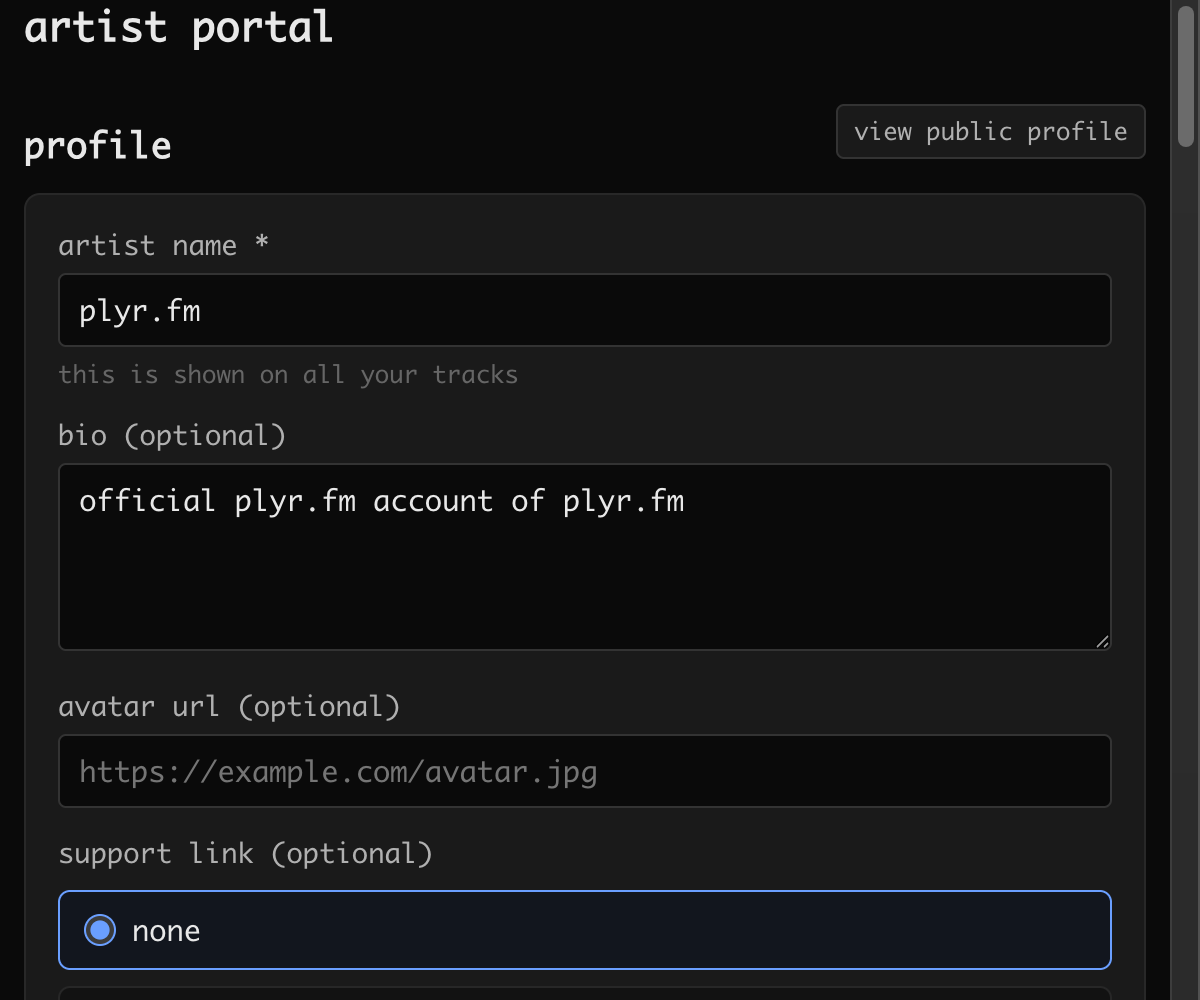 the artist portal — manage your profile, tracks, and albums