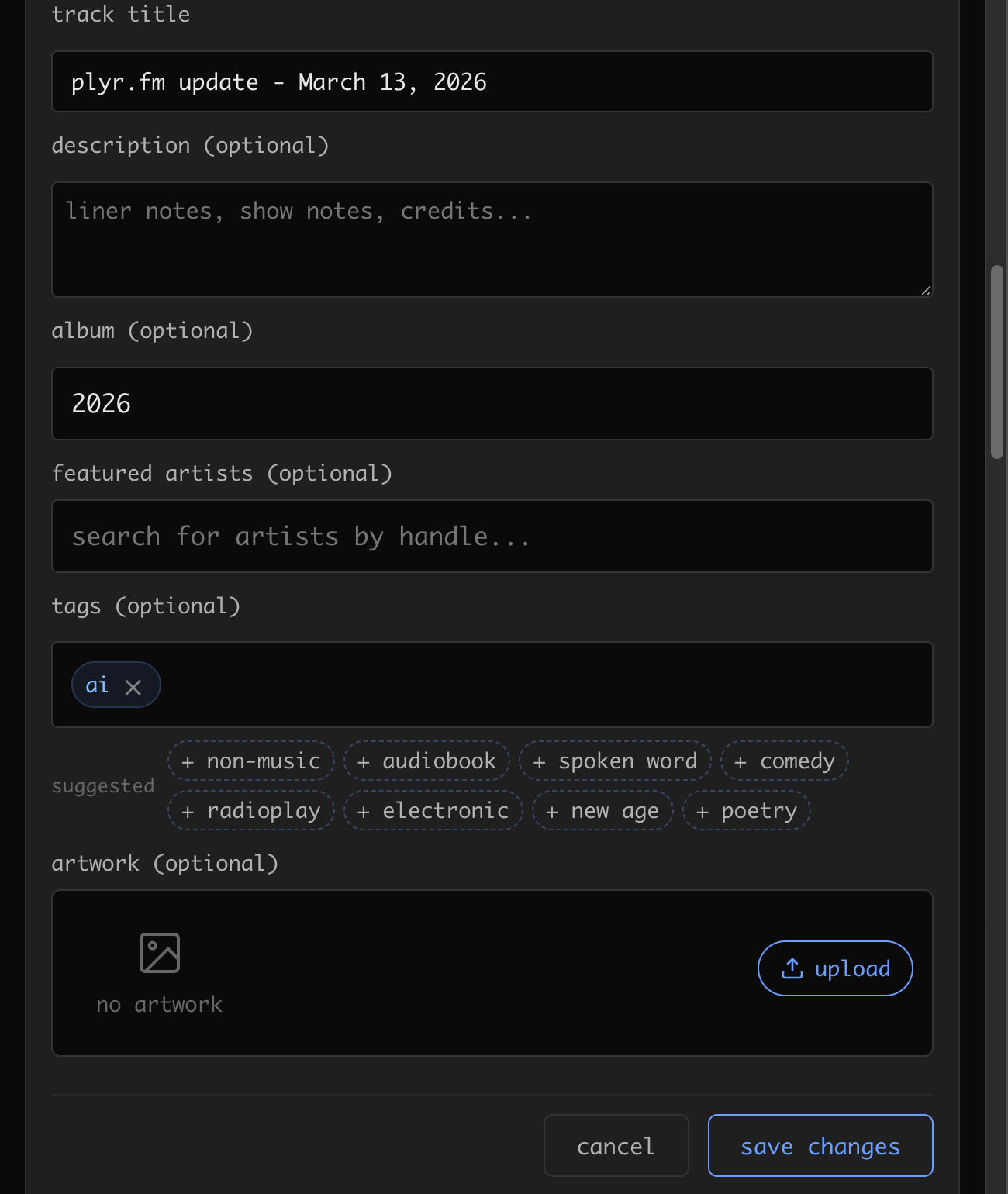 the track editor — title, description, album, tags, artwork, and suggested tags