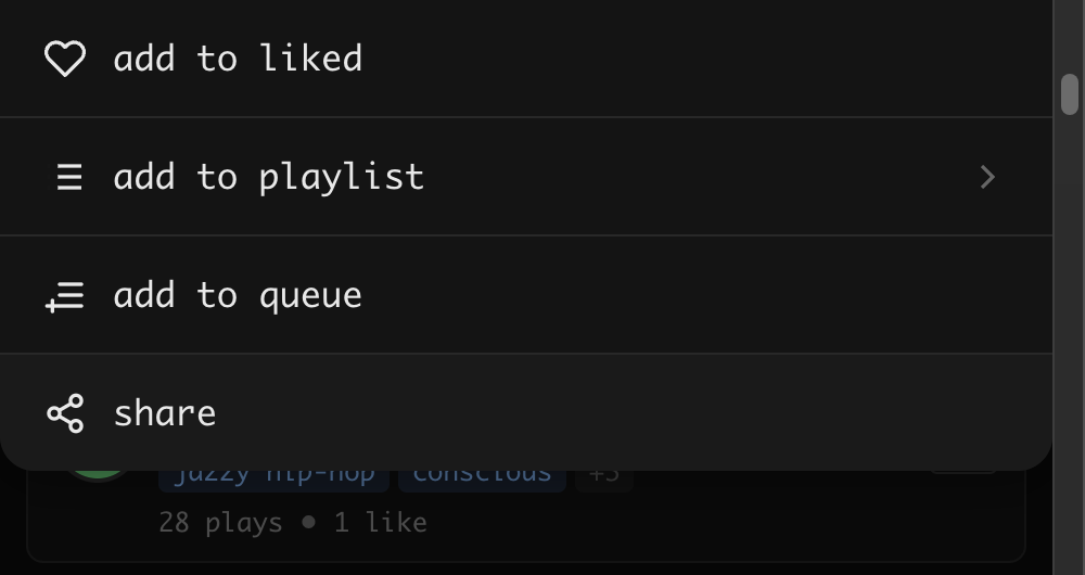 track actions menu — like, add to playlist, queue, share