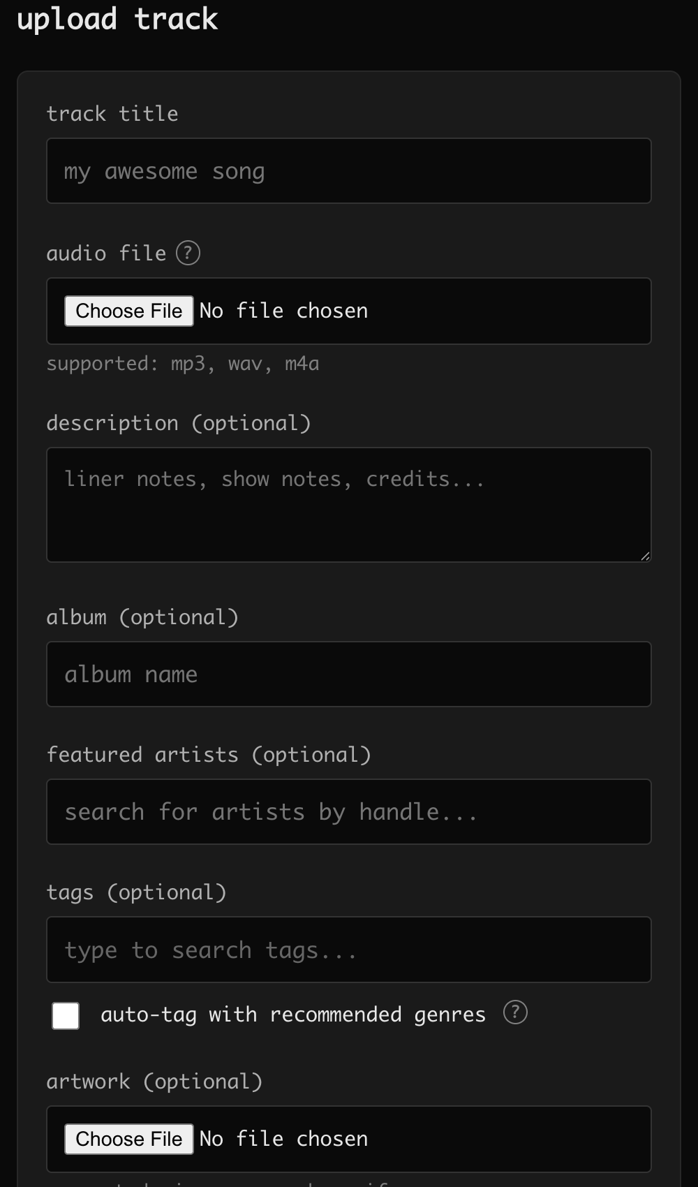the upload form — title, audio file, description, album, tags, and artwork
